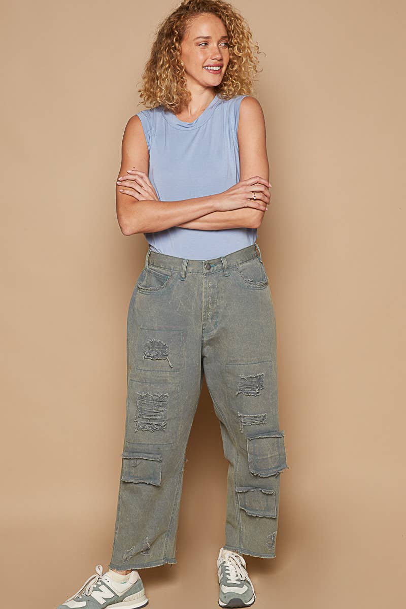 High rise ankle length distressed pinstripe boyfriend jeans