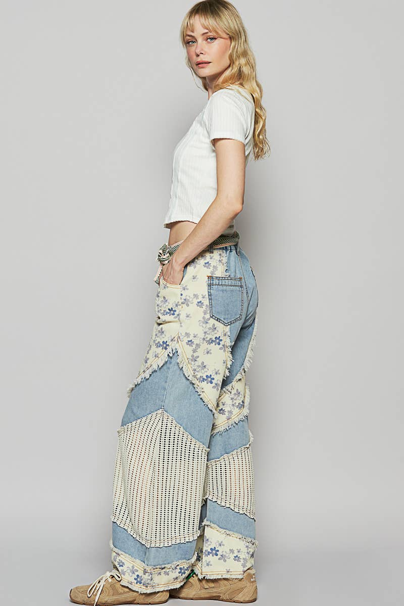 Floral print crochet contrast casual jeans
