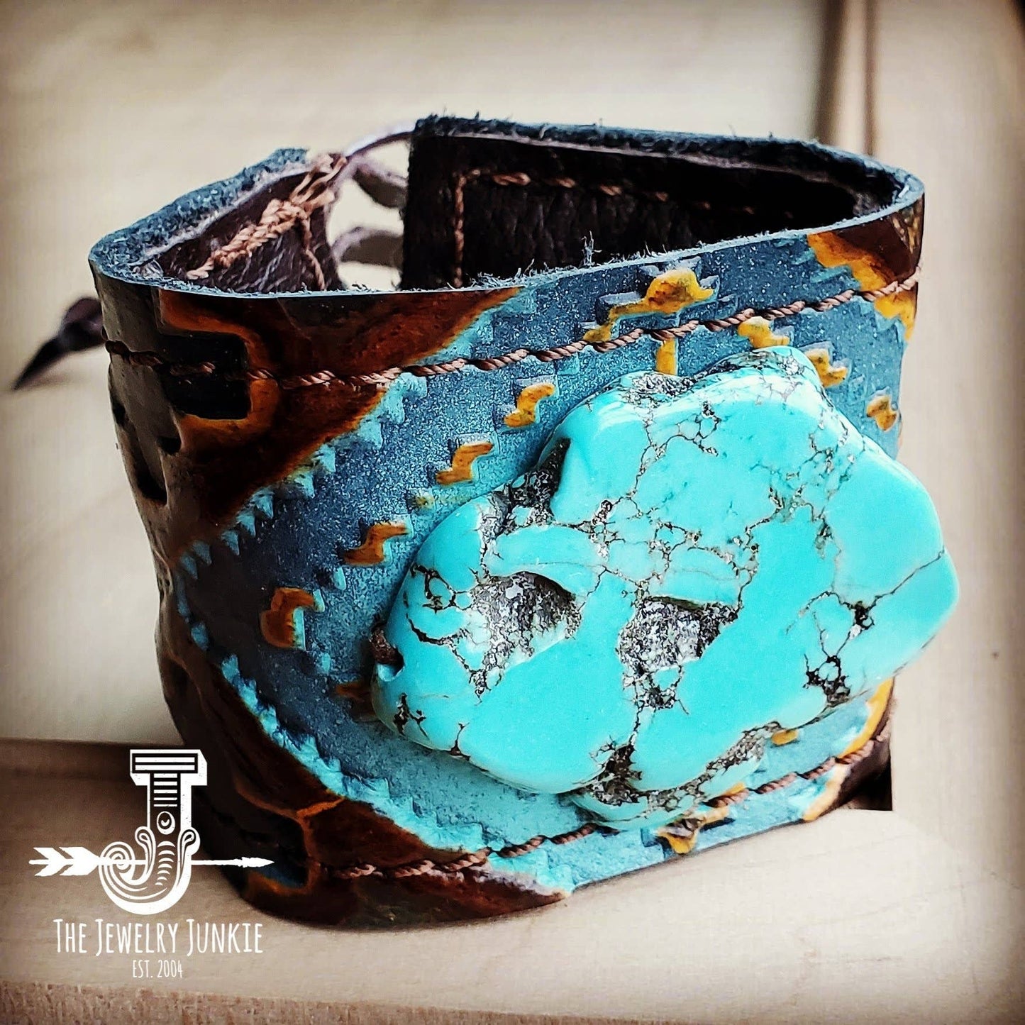 Leather Cuff with Tie - Blue Navajo