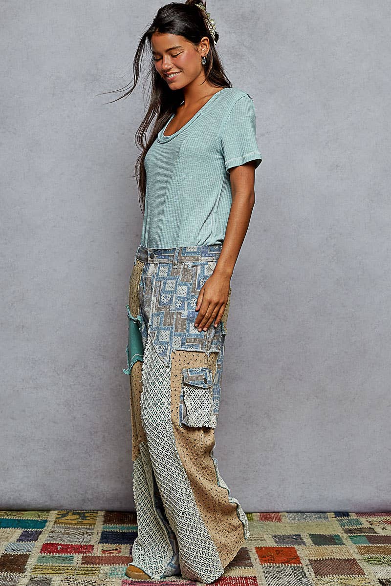 Printed patchwork detail woven twill pants