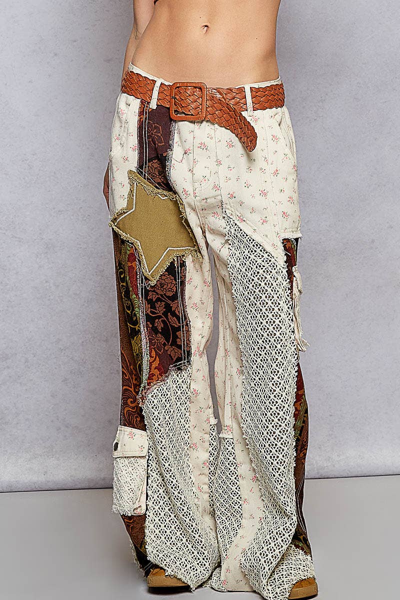 Printed patchwork detail woven twill pants