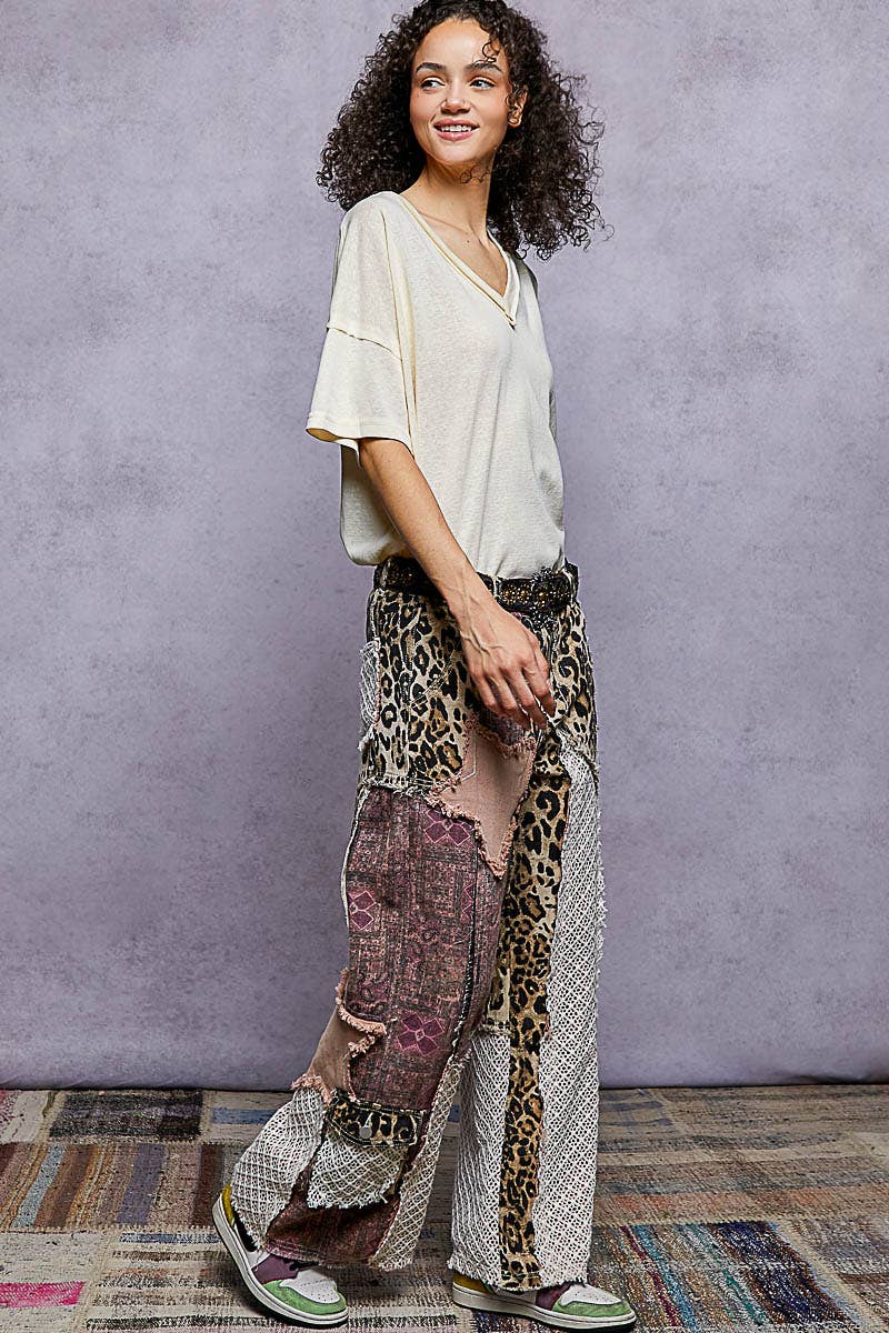 Printed patchwork detail woven twill pants