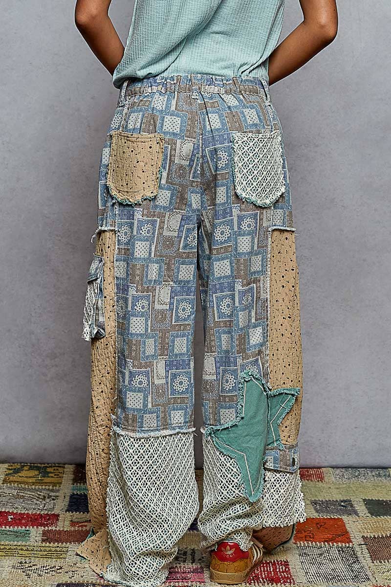 Printed patchwork detail woven twill pants
