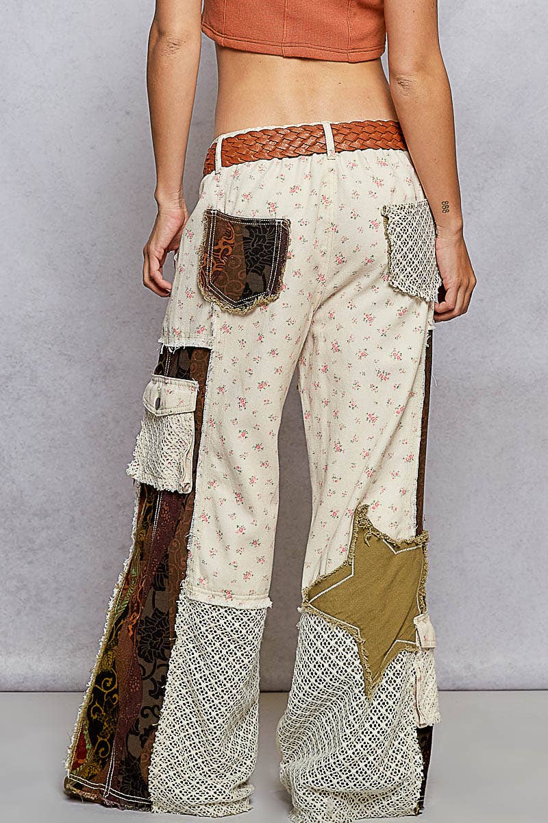 Printed patchwork detail woven twill pants