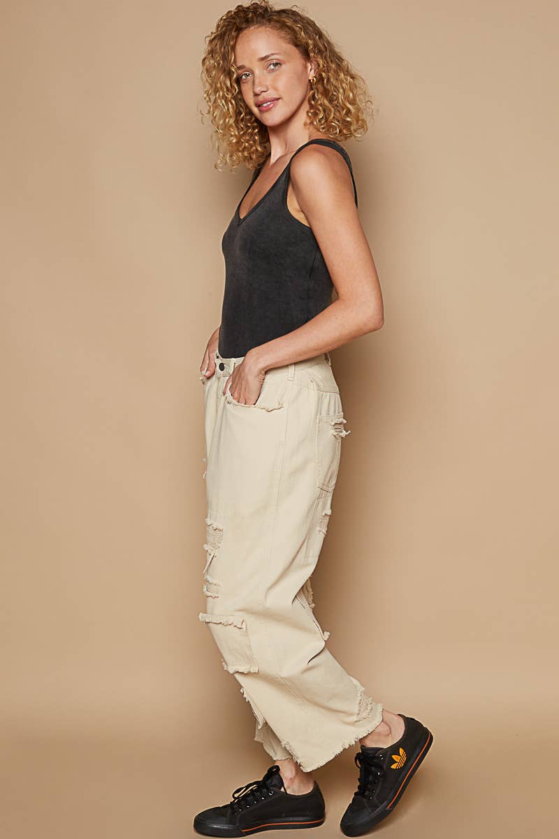 High rise ankle length distressed pinstripe boyfriend jeans