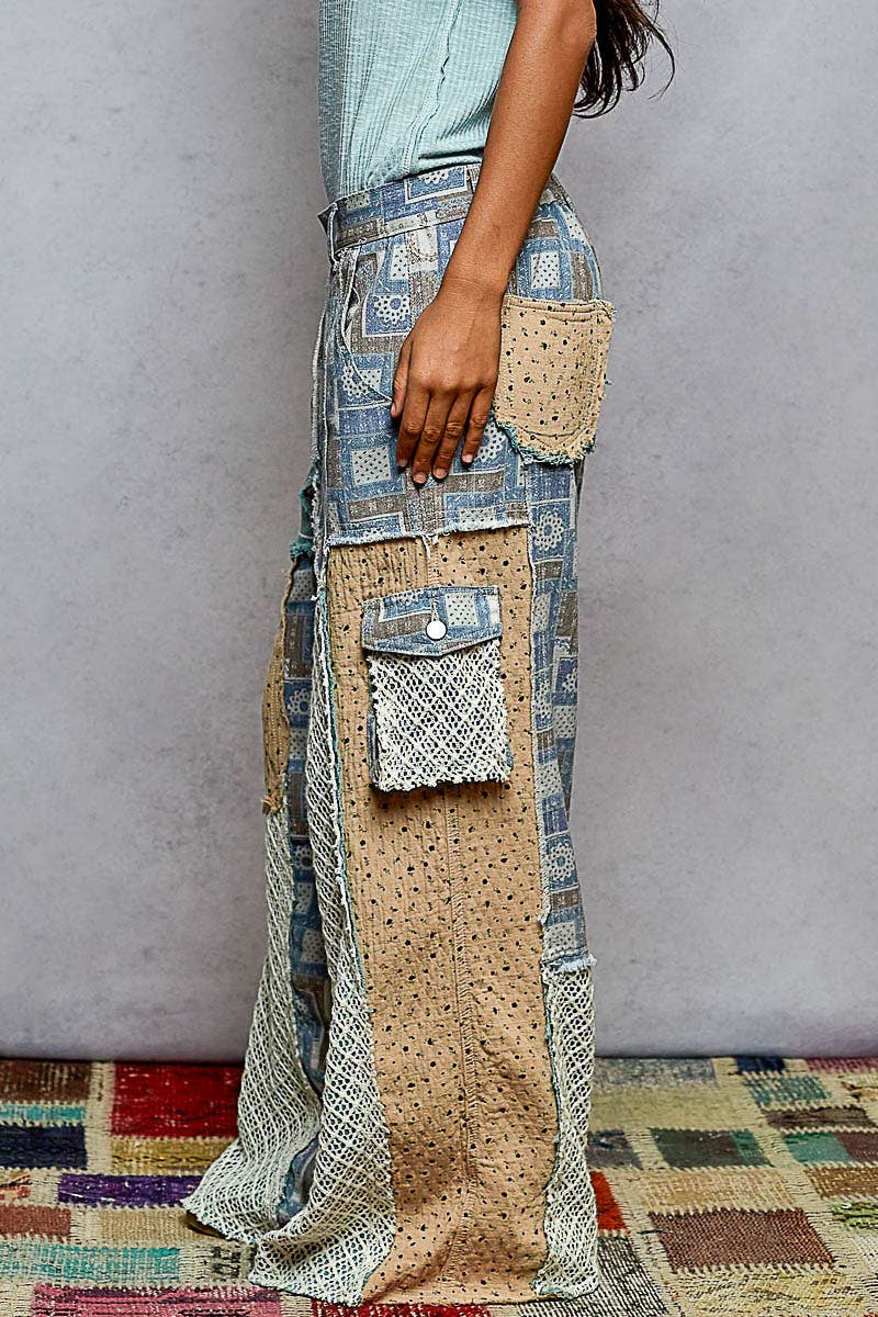 Printed patchwork detail woven twill pants