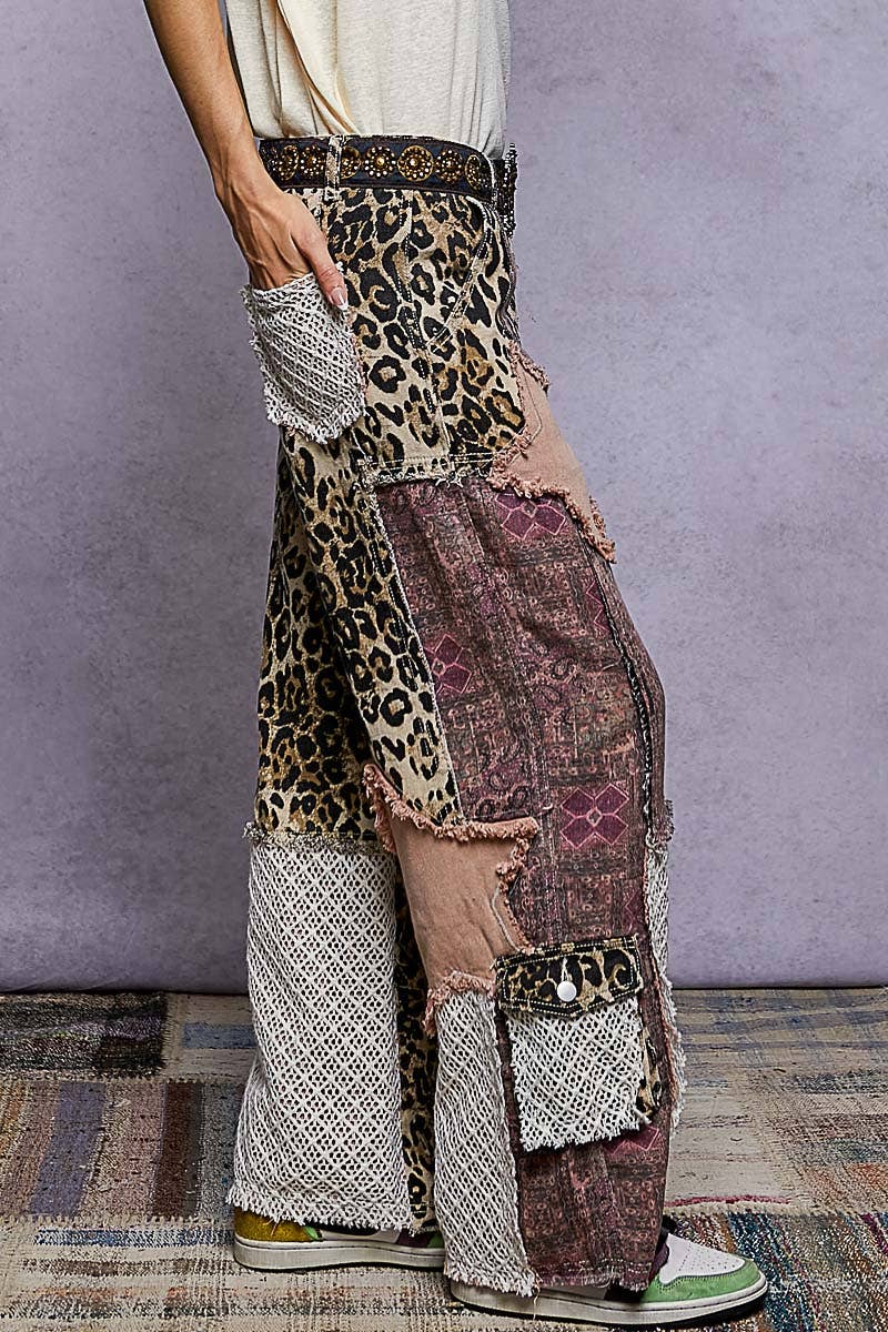 Printed patchwork detail woven twill pants