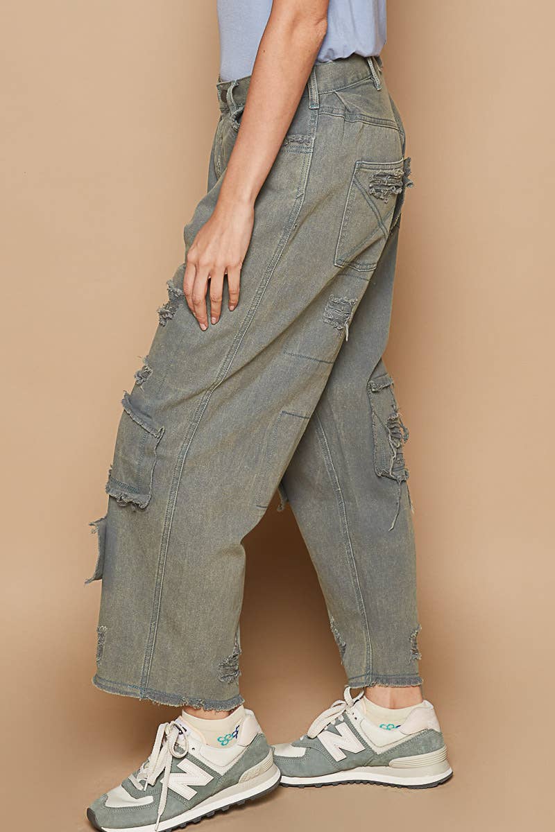 High rise ankle length distressed pinstripe boyfriend jeans
