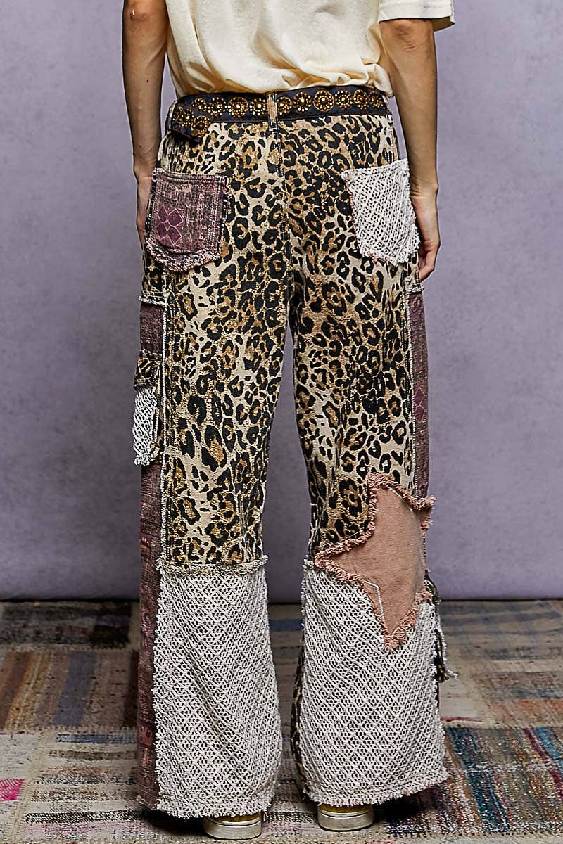 Printed patchwork detail woven twill pants