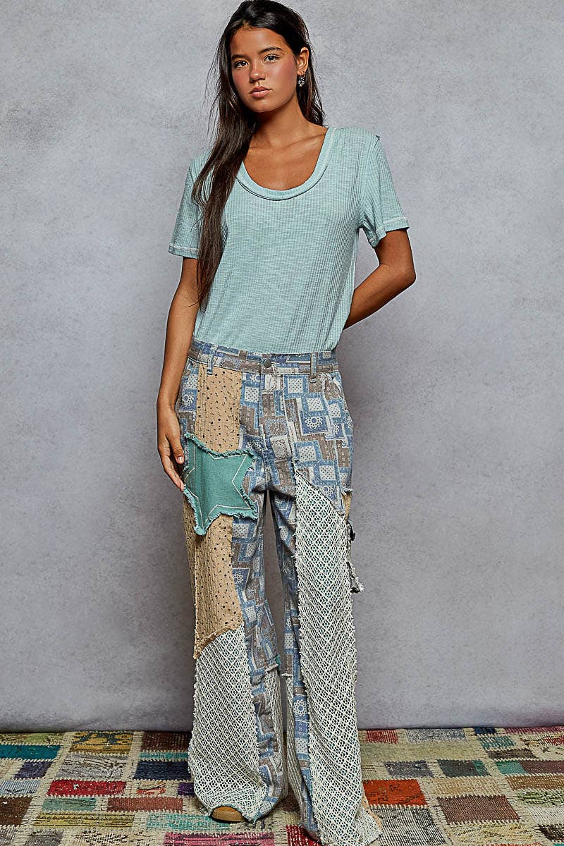 Printed patchwork detail woven twill pants