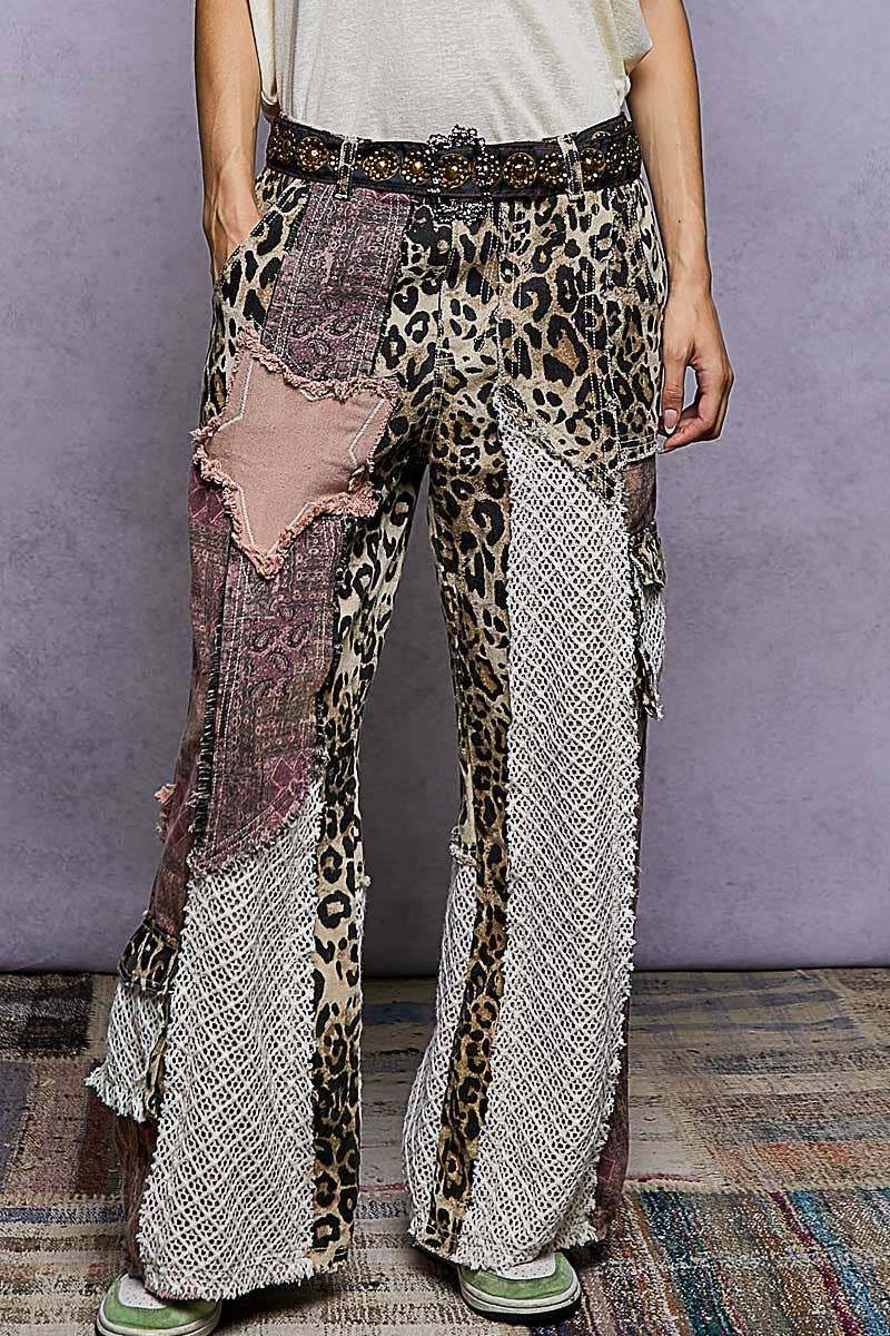Printed patchwork detail woven twill pants