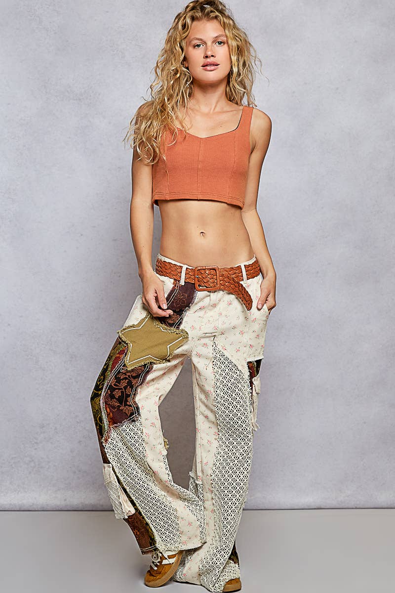 Printed patchwork detail woven twill pants