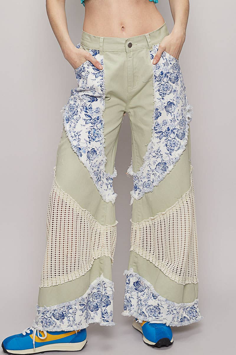 Floral print crochet contrast casual jeans