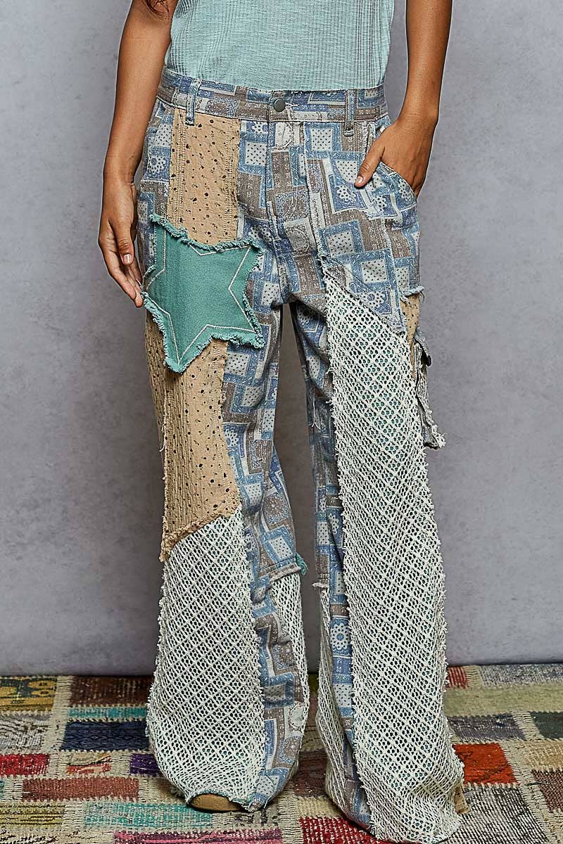 Printed patchwork detail woven twill pants