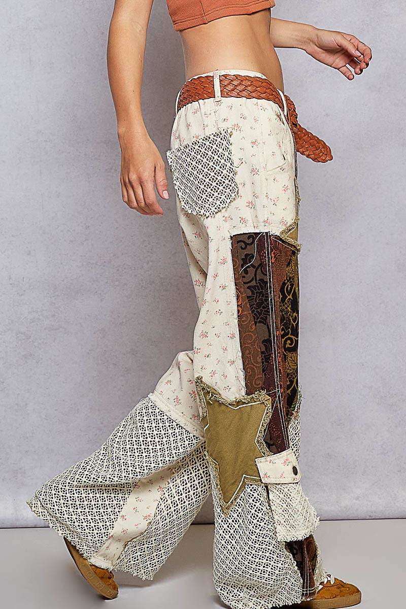 Printed patchwork detail woven twill pants