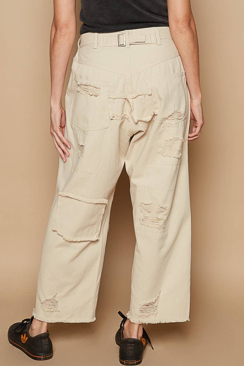 High rise ankle length distressed pinstripe boyfriend jeans