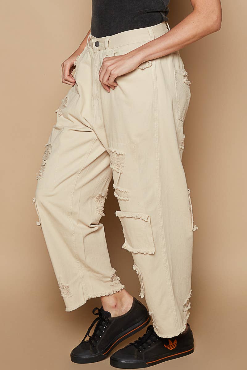 High rise ankle length distressed pinstripe boyfriend jeans