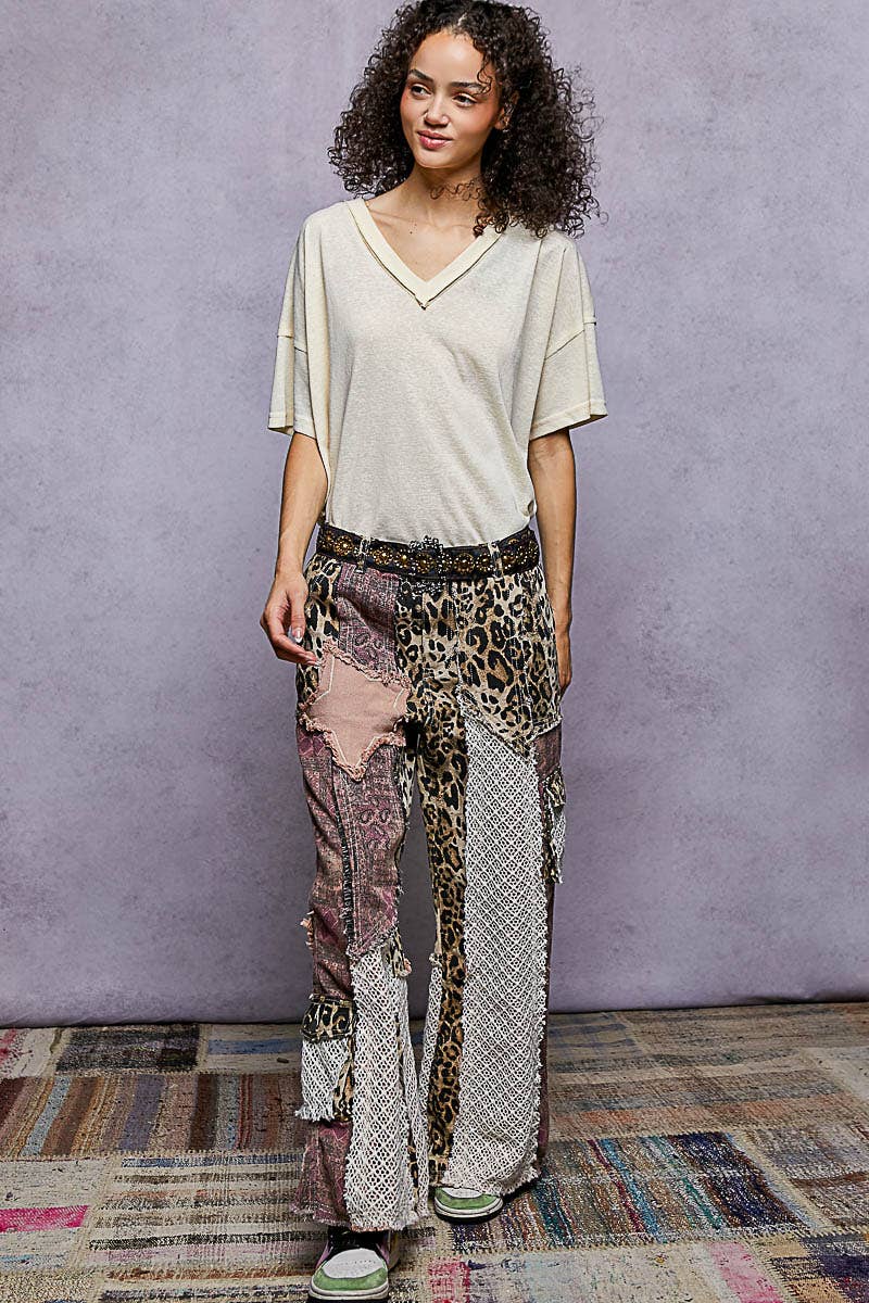 Printed patchwork detail woven twill pants