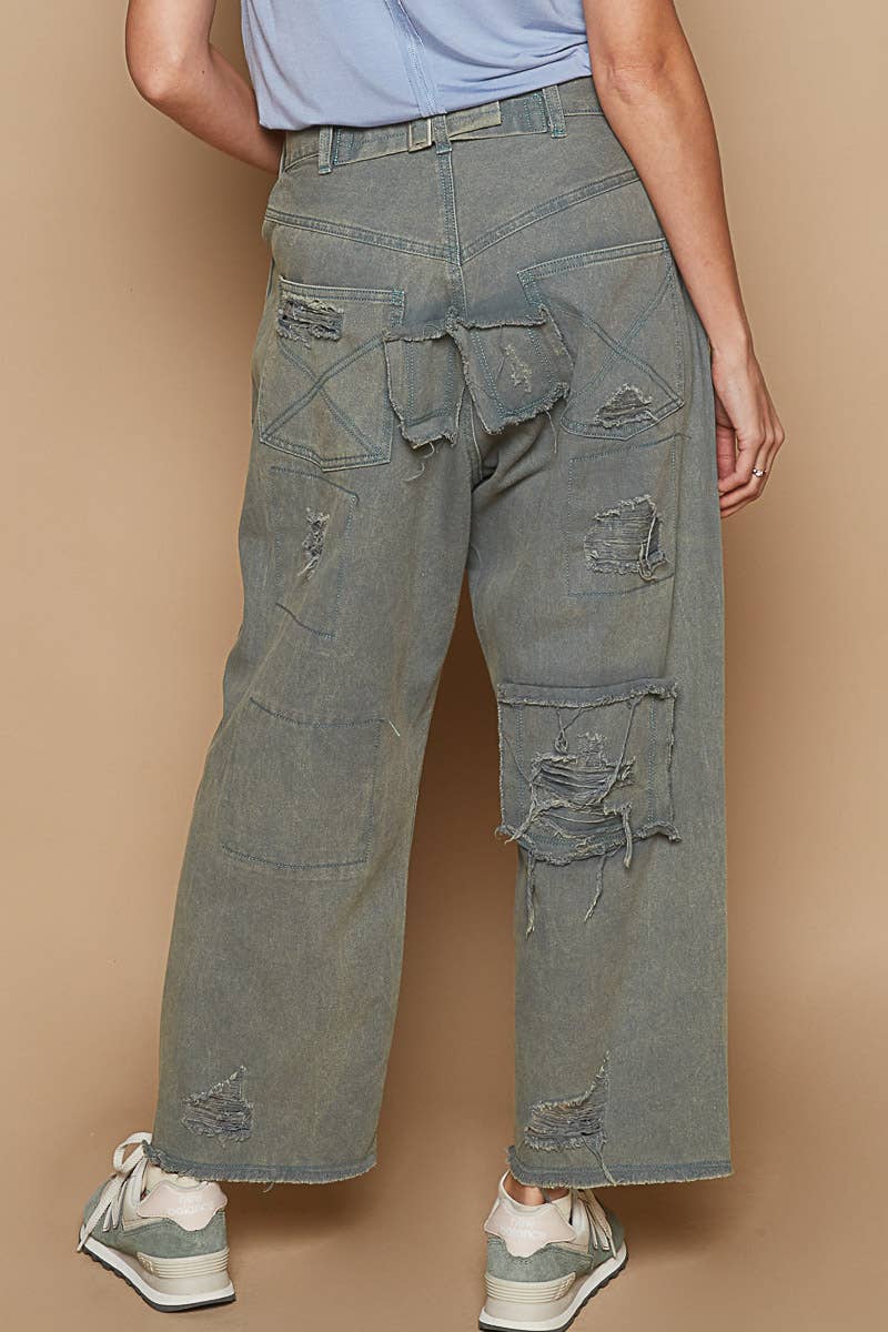 High rise ankle length distressed pinstripe boyfriend jeans