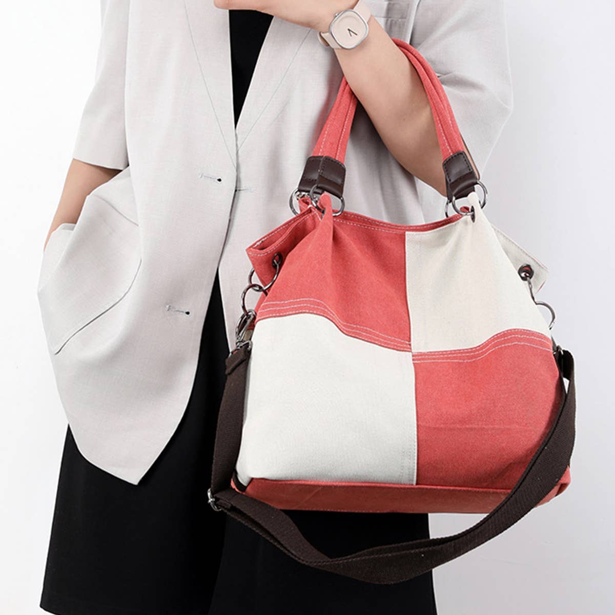 RETRO STITCHING CANVAS TOTE BAG_CWAB1256