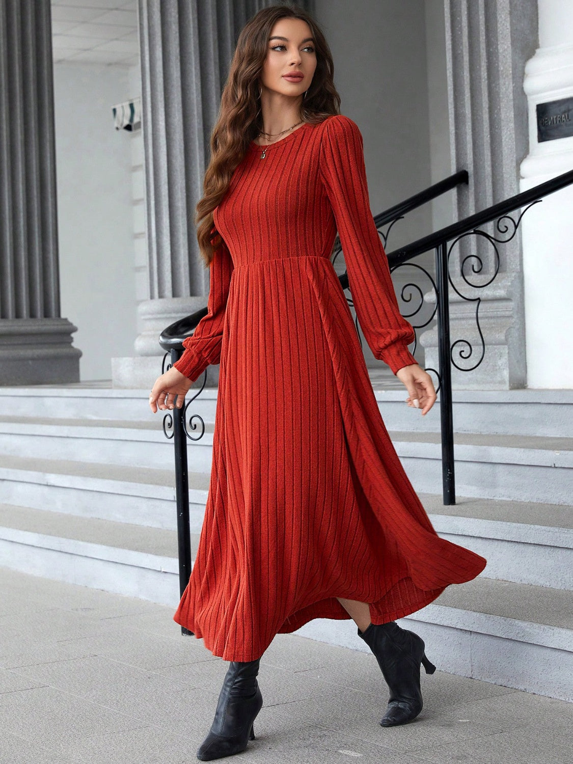 Ribbed Round Neck Long Sleeve Dress