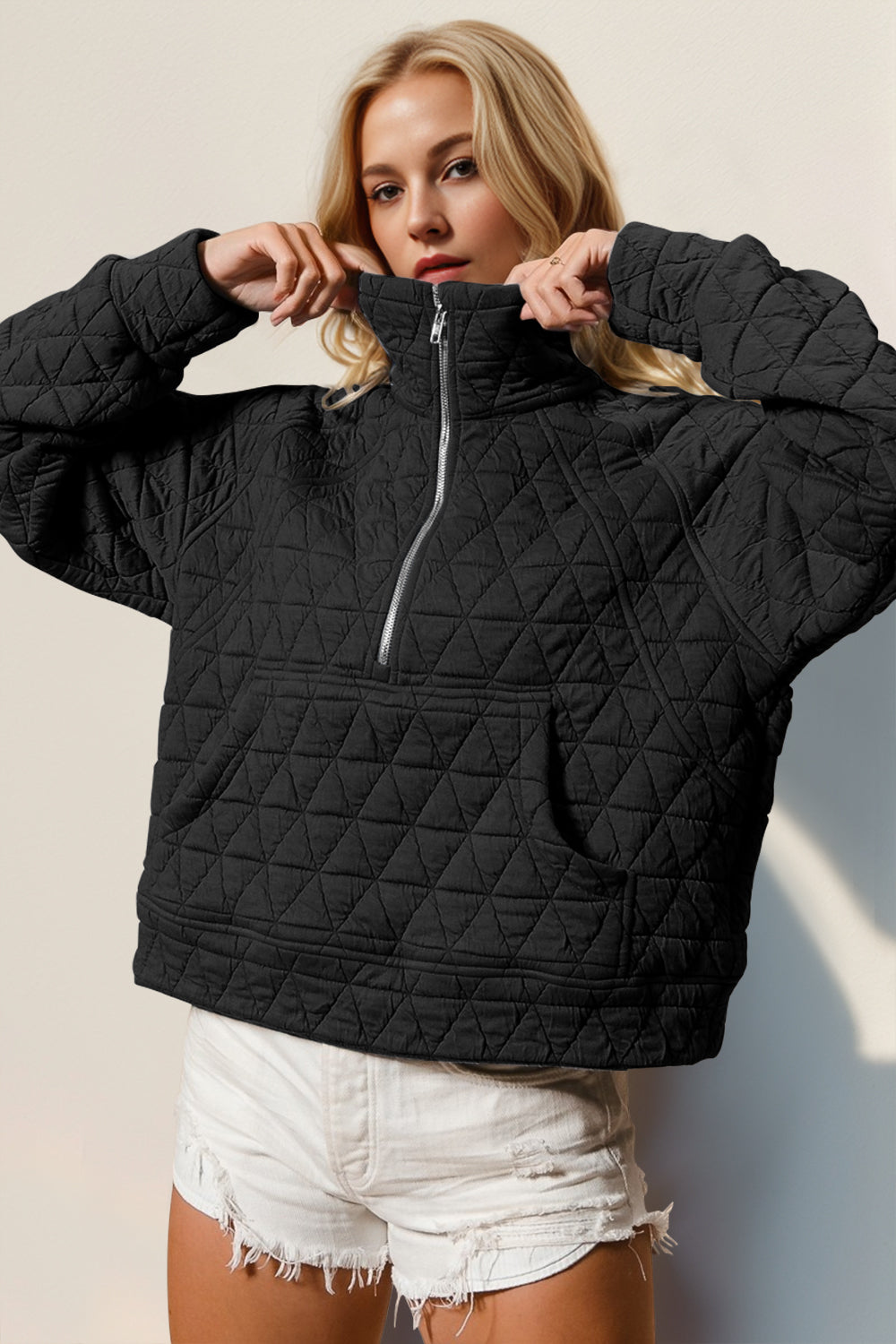 Double Take Half Zip Long Sleeve Quilted Sweatshirt with Pocket