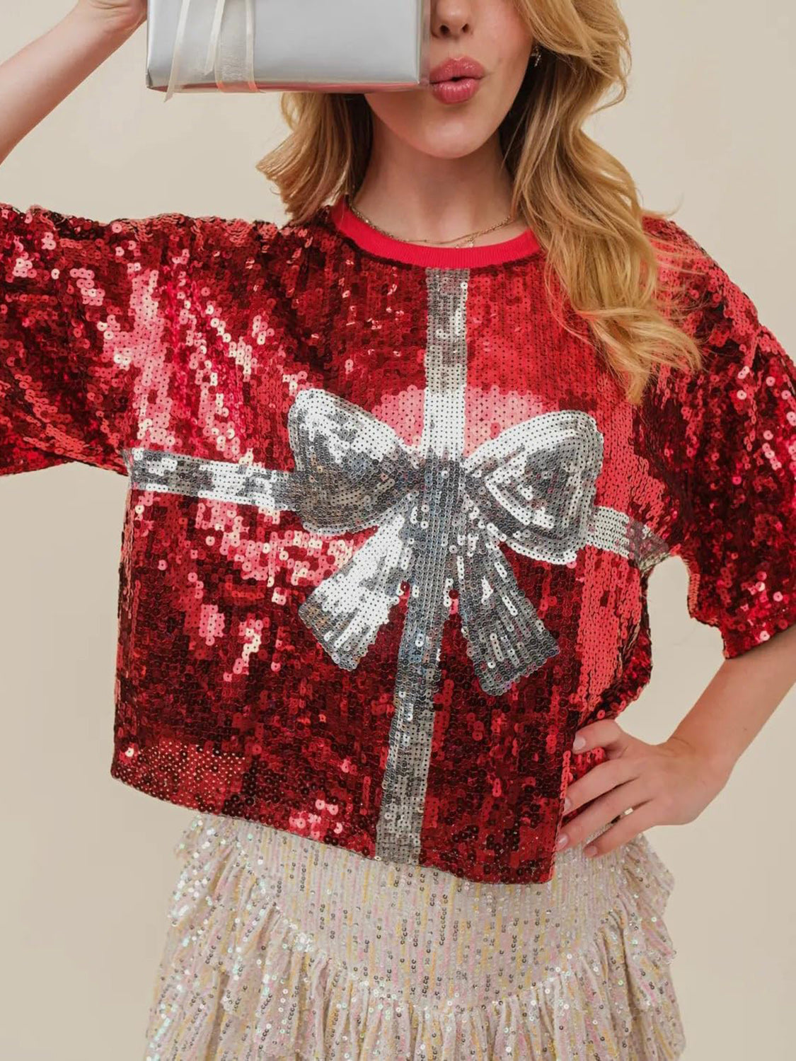 Sequin Bow Graphic Round Neck Half Sleeve T-Shirt