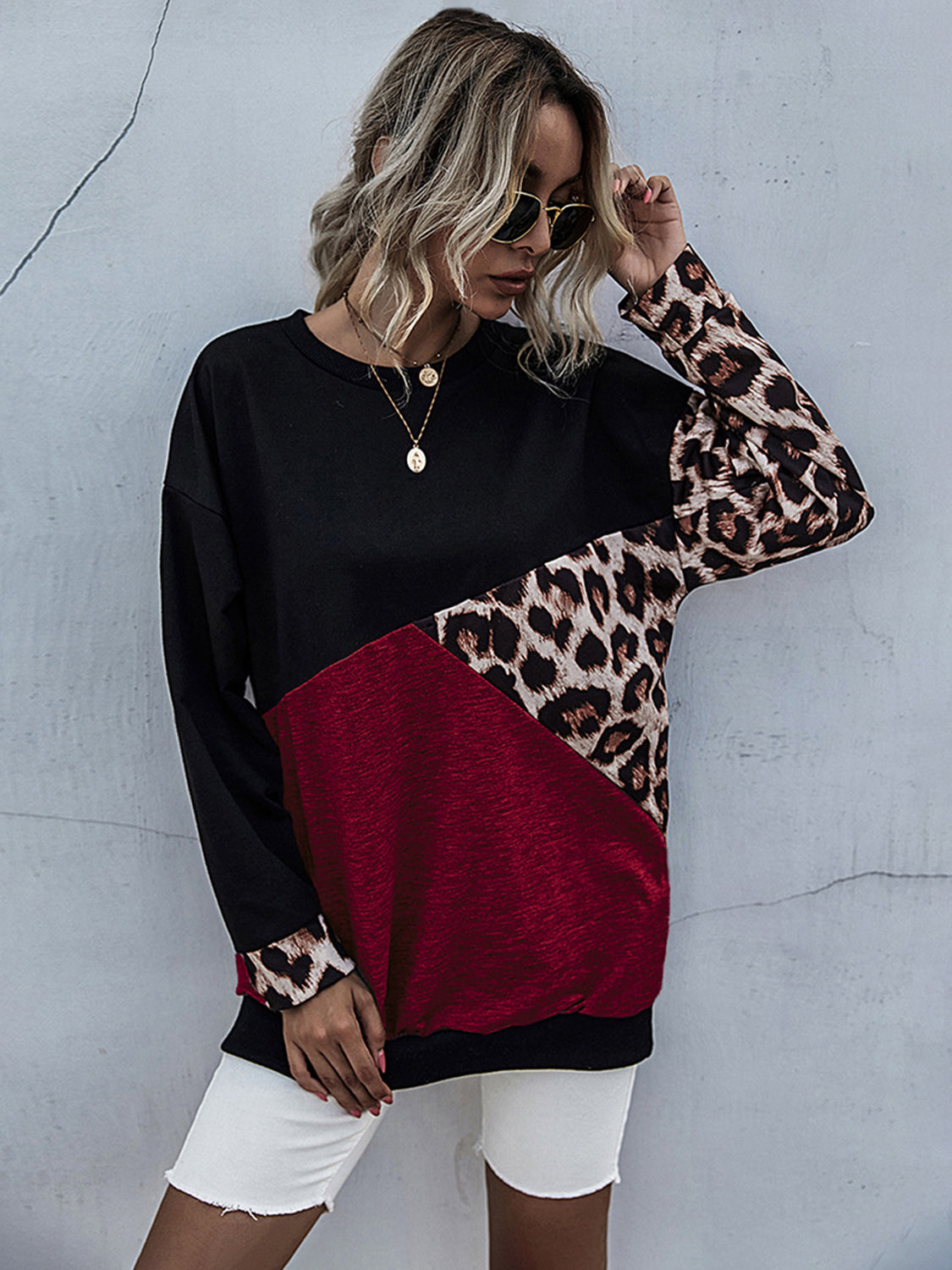 Perfee Leopard Contrast Long Sleeve Sweatshirt