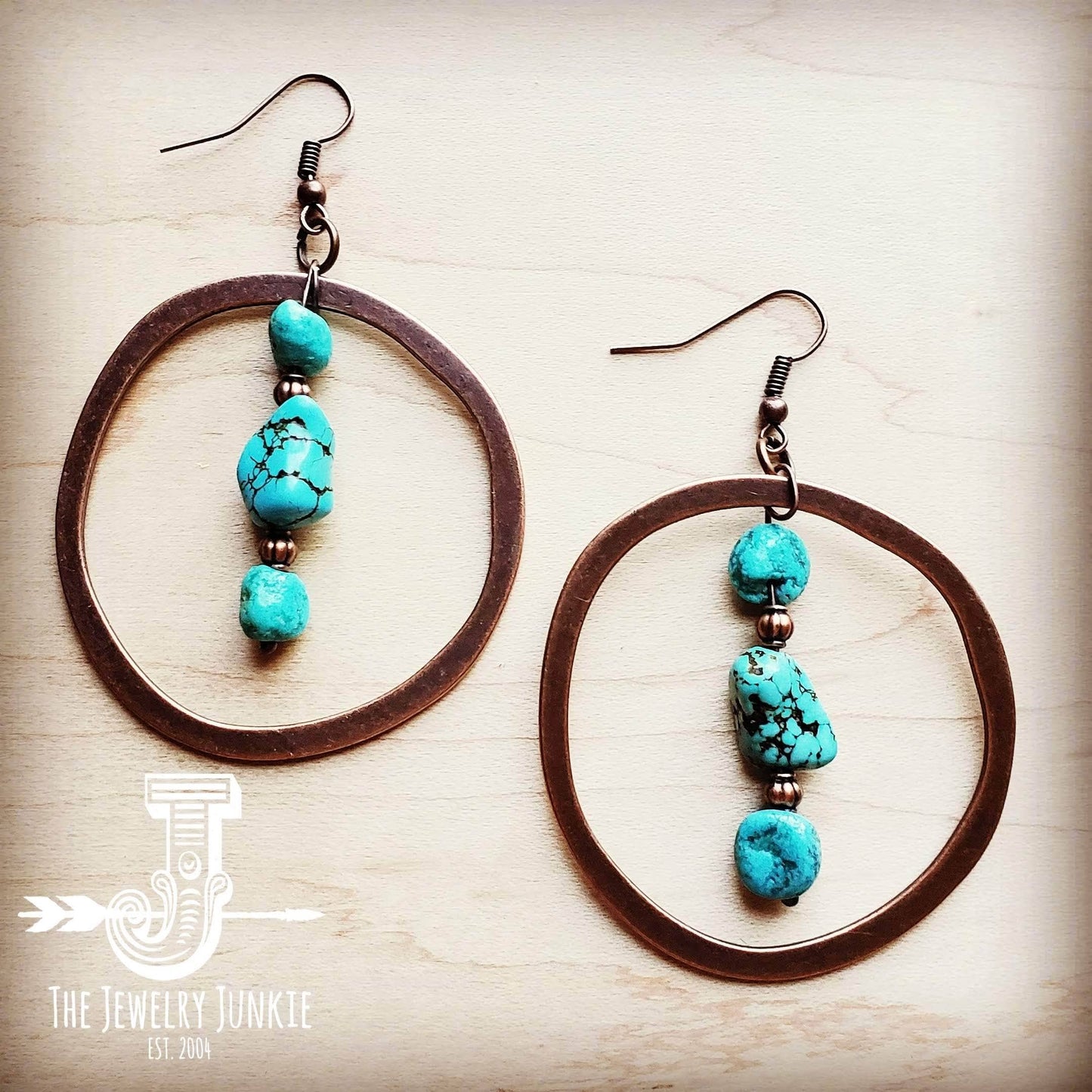 Copper Hoop Earrings with Blue Turquoise and Copper