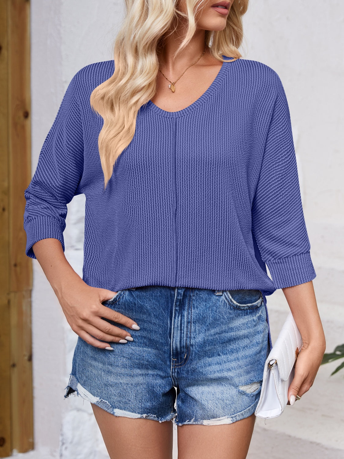 Lovelet Textured Round Neck Three-Quarter Sleeve Blouse