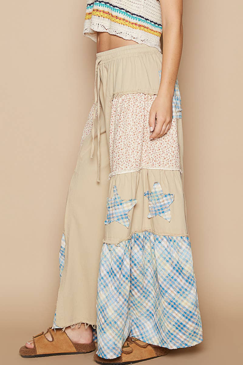 Star patch detail solid chambray wide pants