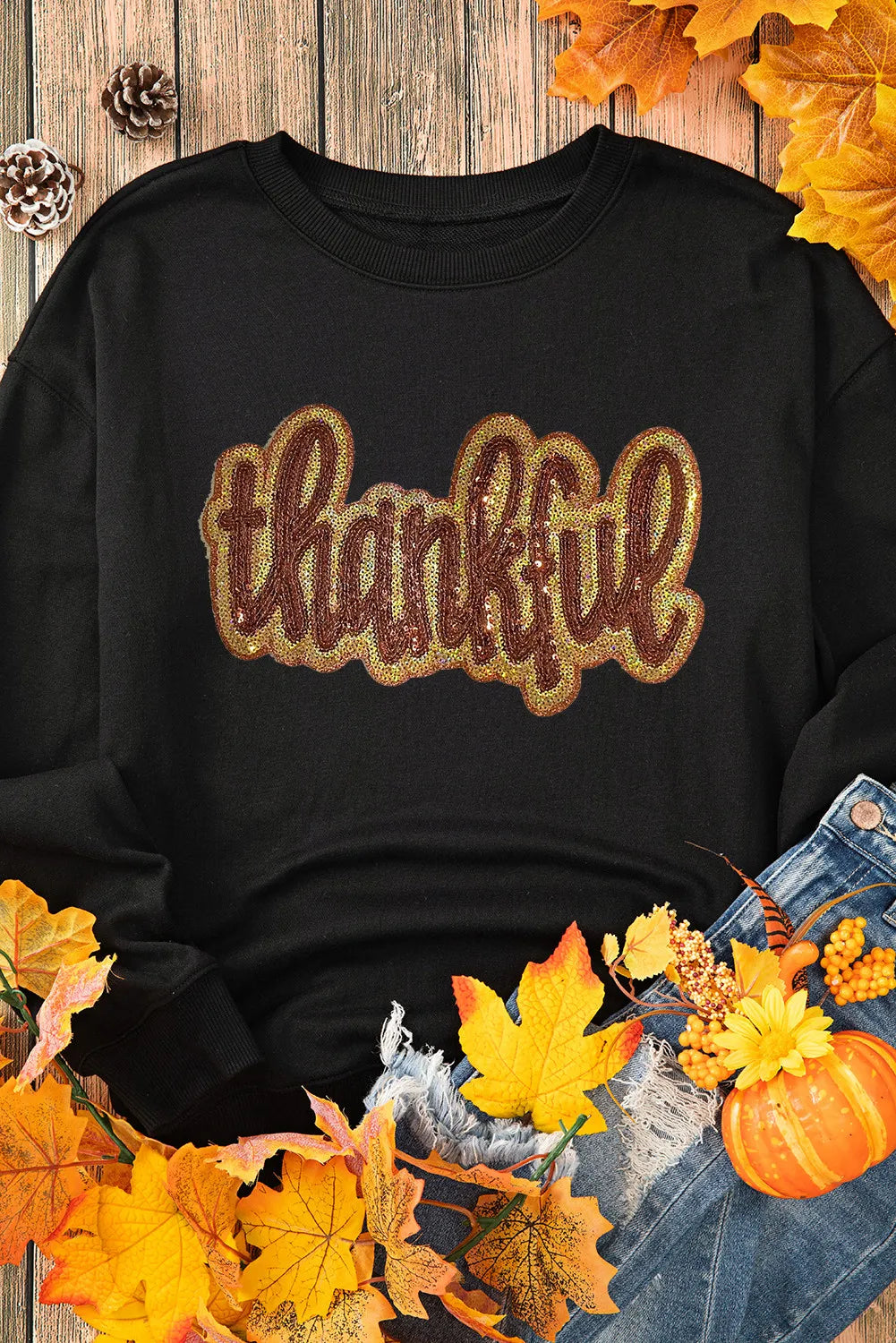 THANKFUL Round Neck Long Sleeve Sweatshirt