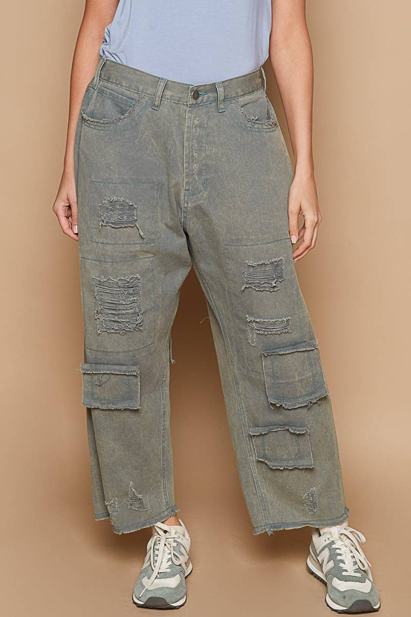 High rise ankle length distressed pinstripe boyfriend jeans