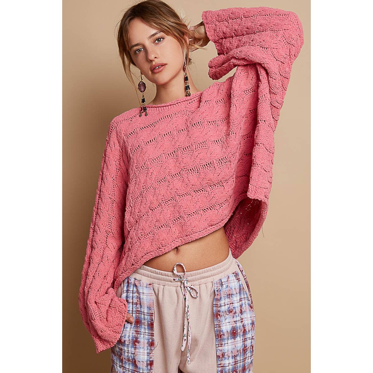 Round neck semi cropped knitted solid sweater SALE