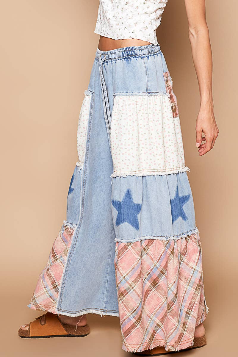 Star patch detail solid chambray wide pants