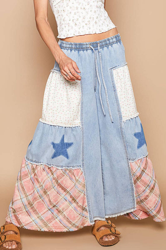 Star patch detail solid chambray wide pants