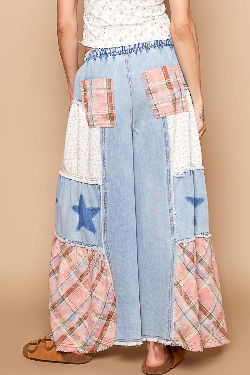 Star patch detail solid chambray wide pants