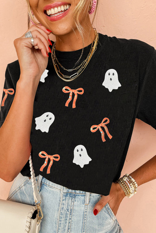Black Bow Ghost Sequin Patched Halloween Graphic Tee