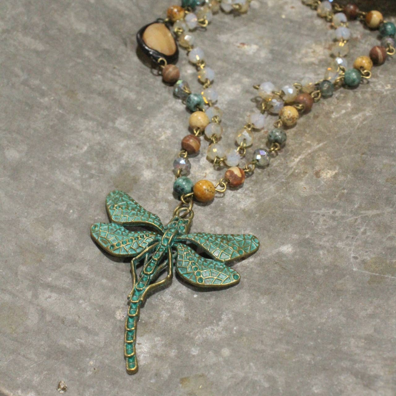 Bohemian Layered Mixed Stone Dragonfly Necklace