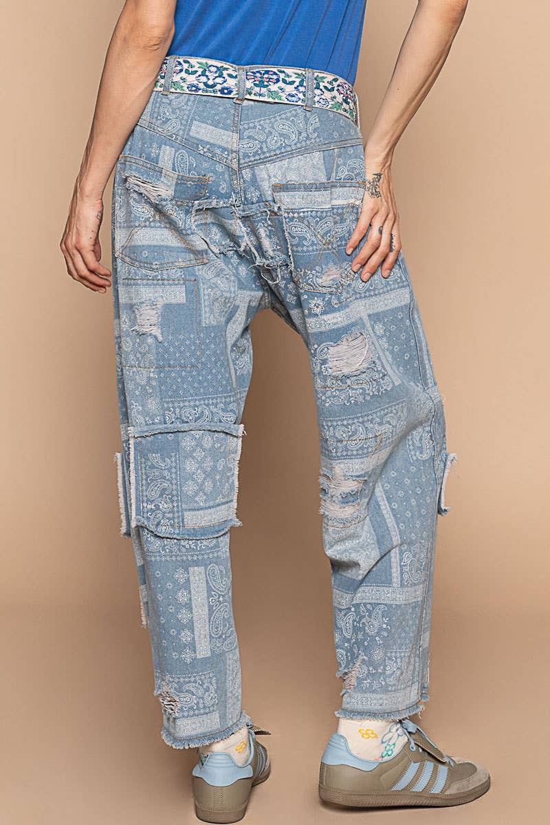 High rise ankle length distressed pinstripe boyfriend jeans