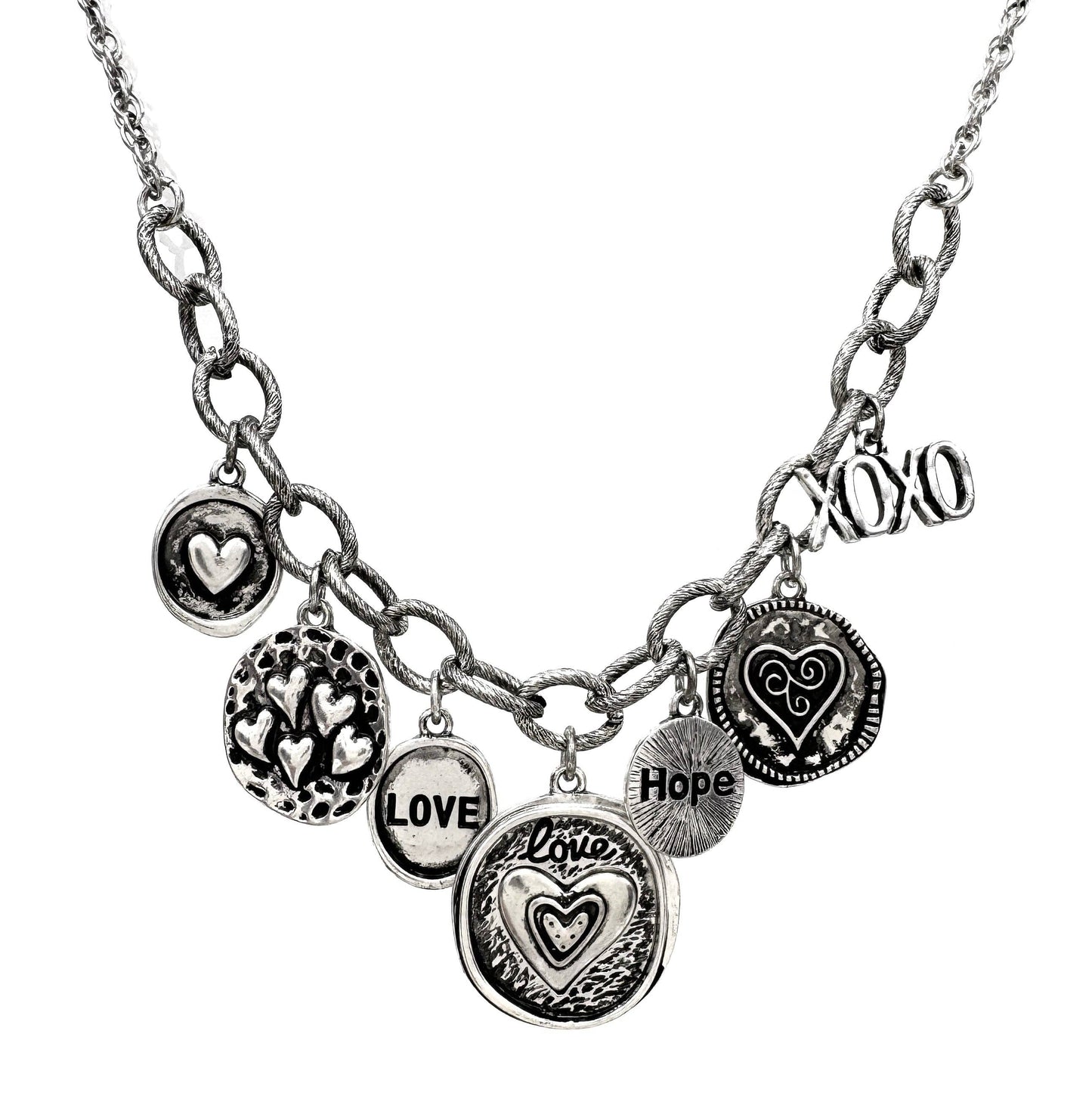 Hearts Love Hope XOXO Charms Silver Necklace Earrings Set