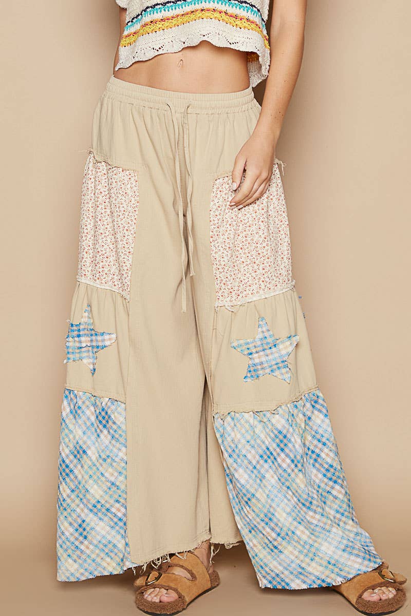 Star patch detail solid chambray wide pants