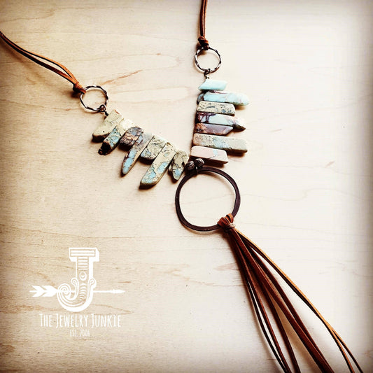 Aqua Terra Necklace w/ Hammered Copper Hoop and Long Fringe