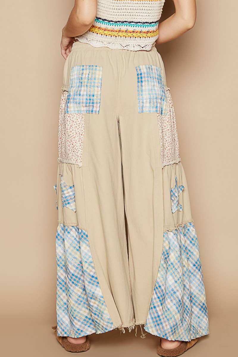 Star patch detail solid chambray wide pants