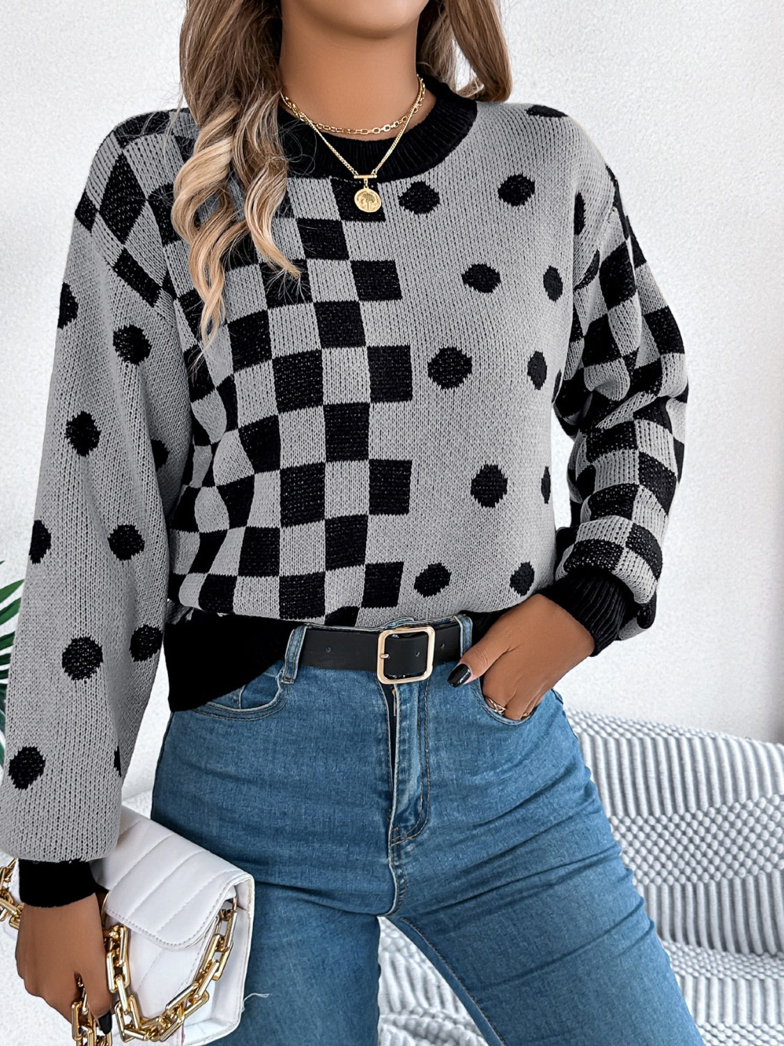 Plaid Round Neck Long Sleeve Sweater